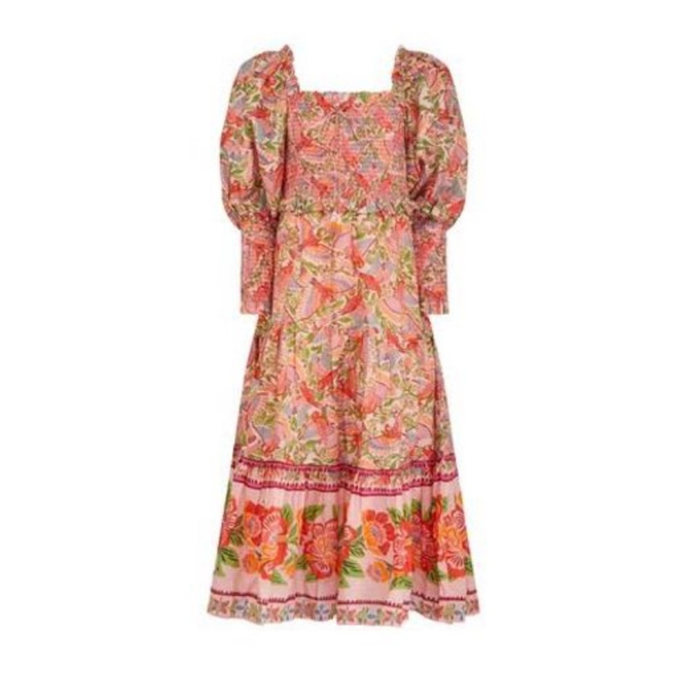 FARM Rio Pink Multi Floral Square-Neck Puff-Sleeve Midi Dress